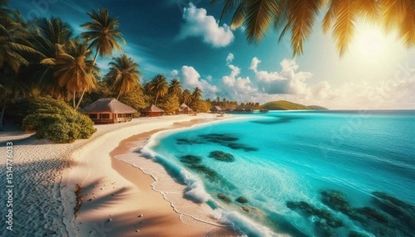 Fototapeta Tropical beach paradise with palm trees, turquoise sea, and white sand under a summer sky