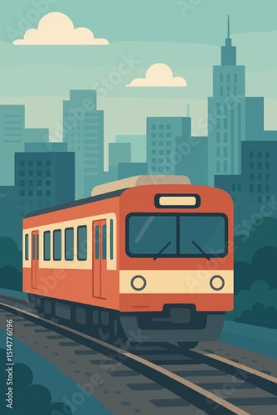 Fototapeta Urban commuter train vector illustration. Cityscape background with modern skyline and clouds. Public transportation concept for daily travel, journey, and commute. Flat design graphic.