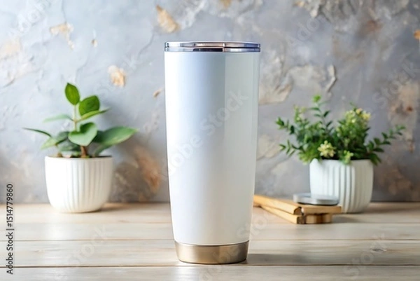 Obraz White sublimation travel mug mockup on wooden table