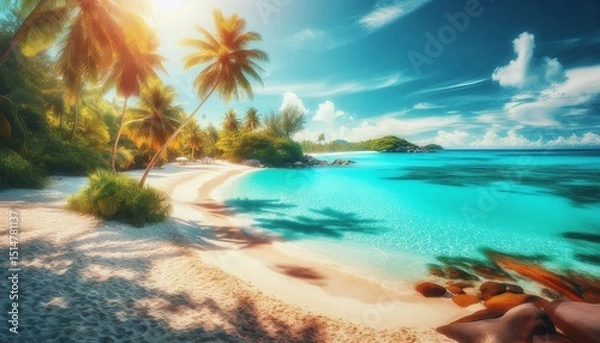 Fototapeta Tropical island paradise with palm trees, a sandy beach, and clear ocean water under a summer sky