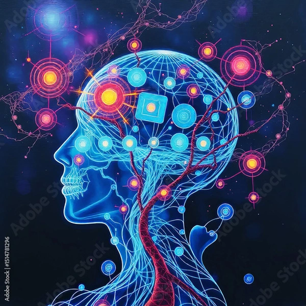 Fototapeta an abstract futuristic and mystical illustration of a human head with glowing neural-like connections and patterns, with luminous lines branching through its interior at dark cosmic background