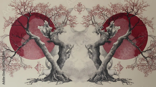 Obraz educational poster on sacred archetypes | sacred transformation | symbolic reflection | crimson and pearl | symbol-based framing | symbolic trees | translucent overlays | figurative distortion |