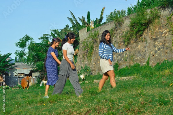 Fototapeta Full of joy, the girls cross the field while cows and goats graze around them.