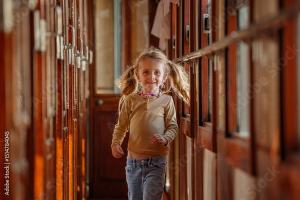 Obraz Happy little girl runs joyfully along sunlit train corridor