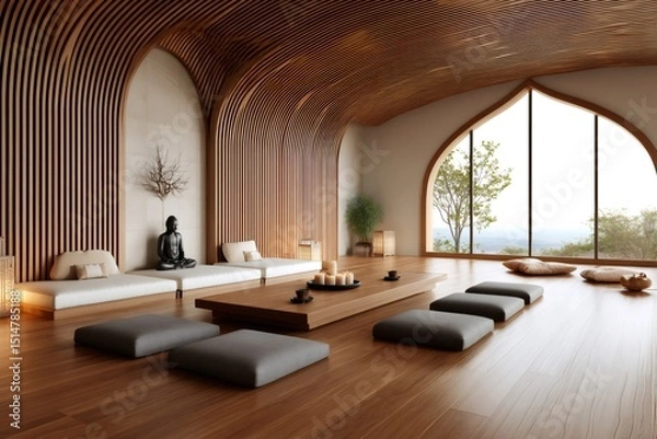 Fototapeta Modern minimalist empty yoga studio with wooden ceiling and buddha statue