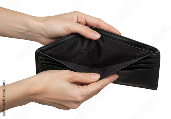 Fototapeta Hands holding an empty black wallet isolated on transparent background