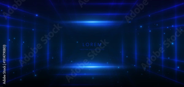 Obraz Technology futuristic glowing lines neon blue light ray on dark blue background.