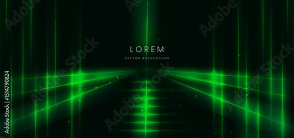 Obraz Scene glowing green neon lines. Hi speed motion moving concept on black background.