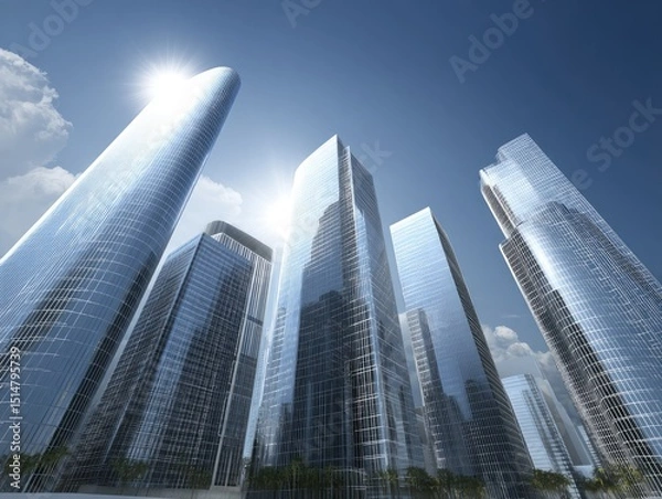 Fototapeta Low-angle view of modern skyscrapers under a clear sky.  Glass-fronted, tall buildings rise towards a bright sun.  Cloud-filled sky