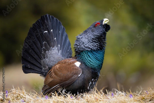 Obraz Western capercaillie (Tetrao urogallus) displaying on forest floor, fanned tail, vibrant plumage, red eyebrow, natural habitat, close-up, spring, wild bird, detailed feathers, blurred background.