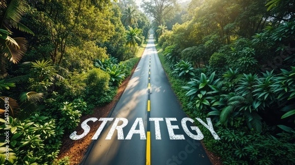 Obraz Strategy images, Road on forest, Strategic Road Through Jungle – Conceptual Aerial View of Strategy Pathway Surrounded by Tropical Forest
