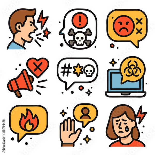 Fototapeta nine hate speech icons. include verbal abuse, harmful language, derogatory remarks, offensive rhetoric, discriminatory speech, online toxicity, inflammatory comments, prejudiced statements, and more.