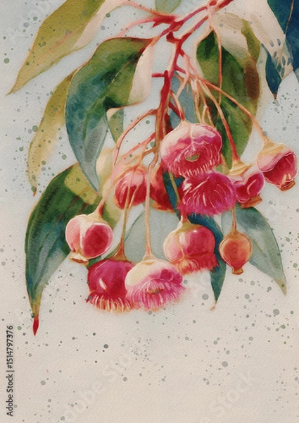 Obraz Botanical Watercolor of Red Blossoms – Eucalyptus-Inspired Floral Illustration