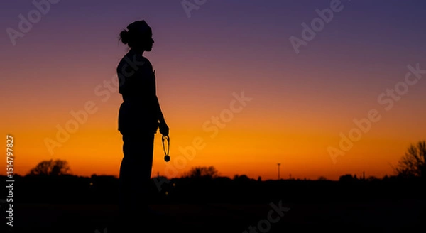 Fototapeta Silhouette of a Healthcare Professional at Sunset A Moment of Reflection
