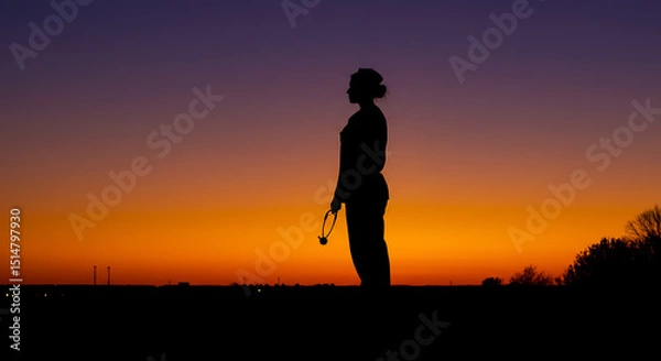 Fototapeta Silhouette of a Woman at Sunset A Moment of Reflection and Tranquility