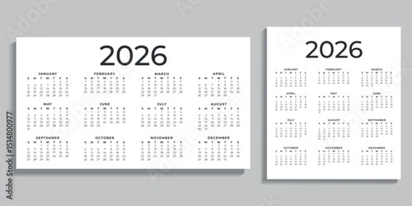 Fototapeta Set of vector classic calendars for 2026. Week starts on Sunday. Vertical and horizontal calendar in minimalist style