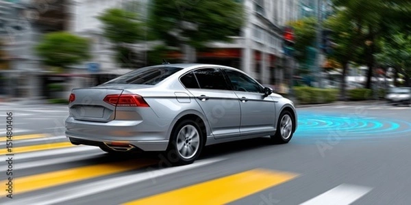 Fototapeta autonomous vehicle technology, urban intersection with self-driving car technology featuring sensor arrays, cameras, and detection systems for smart traffic lights in modern city