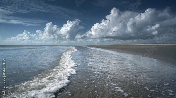 Fototapeta A breathtaking view of the North German Wadden Sea, showcasing its expansive tidal flats, delicate ecosystems, and serene coastal environment.  Generative AI