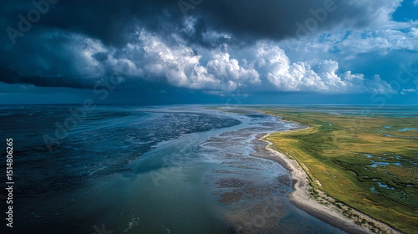 Fototapeta A breathtaking view of the North German Wadden Sea, showcasing its expansive tidal flats, delicate ecosystems, and serene coastal environment.  Generative AI