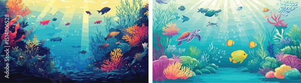 Fototapeta Underwater world coral reef ocean floor marine life sea turtle fish colorful seascape aquatic background vibrant ecosystem diverse species beautiful scenery nature exploration tranquil environment