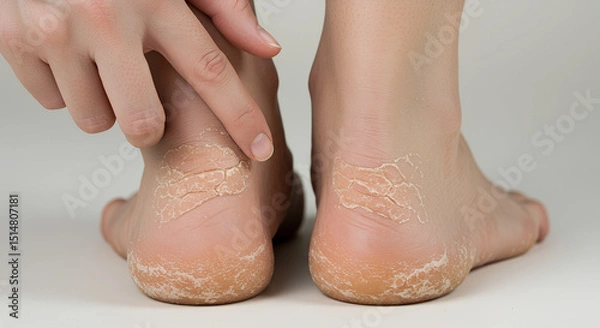 Obraz Cracked and flaky heels on both feet, dry skin detail with finger pointing to rough skin area