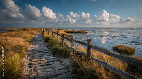 Fototapeta A breathtaking view of the North German Wadden Sea, showcasing its expansive tidal flats, delicate ecosystems, and serene coastal environment.  Generative AI