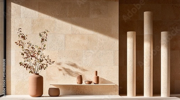 Obraz Beige Ceramic Vases and Stone Columns in Minimalist Interior