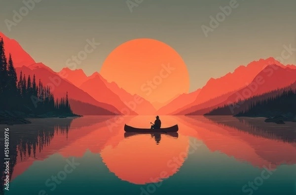 Fototapeta Serene sunset over calm lake with silhouette of canoeist enjoying tranquil waters and majestic mountains in the background, creating a peaceful nature scene