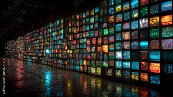 Fototapeta A dynamic wall covered in colorful screens and monitors, each displaying unique content and visuals. Generative AI