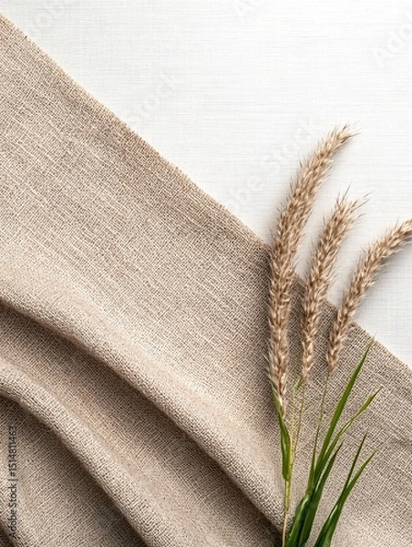 Obraz Beige Cotton Fabric with Dried Grass on White Wooden Background