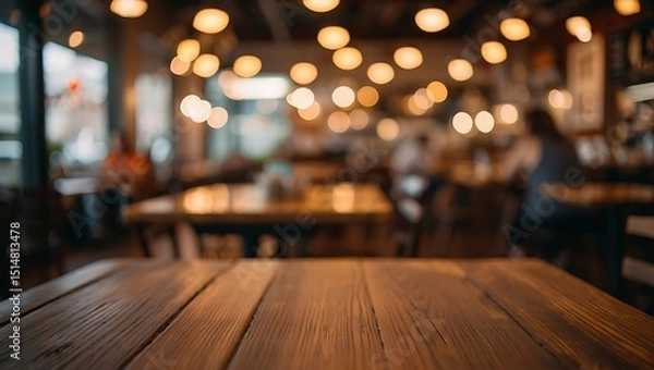 Fototapeta Rustic wooden table in blurred cozy cafe setting