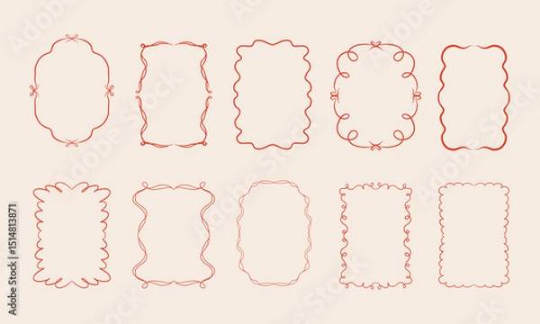 Fototapeta Set of doodle hand drawn trendy coquette frames with bows, ribbons. Minimalist vintage whimsical borders. Modern vector design template for wedding invitation, birthday card, print, holiday poster.