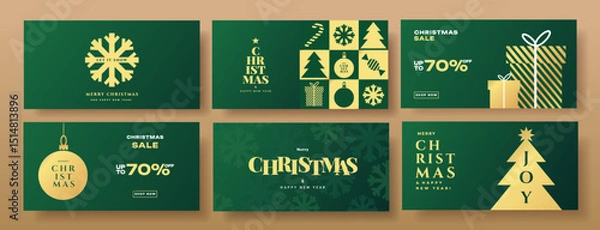 Fototapeta Merry Christmas and Happy New Year horizontal banner, cover, poster, greeting card set in modern simple geometric style in gold and dark blue colors for season greetings, ads, sales, print