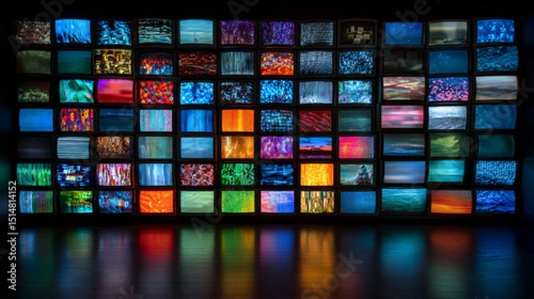 Fototapeta A dynamic wall covered in colorful screens and monitors, each displaying unique content and visuals. Generative AI