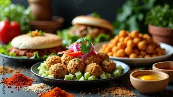 Fototapeta Variety of food items are laid out on a table, including a plate of meatballs, a sandwich, and several bowls of different sizes