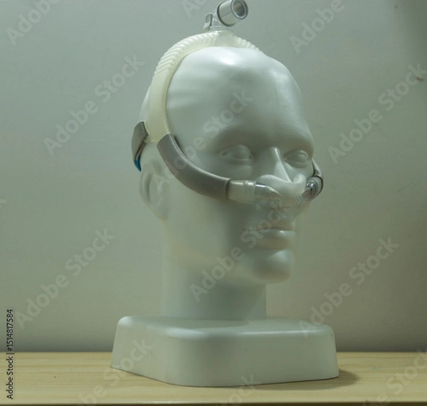 Fototapeta A nasal pillow CPAP mask mounted on a white mannequin head is characterized by transparent, soft nasal pillows that fit directly under the nostrils, visible in the center of the mannequin's face.