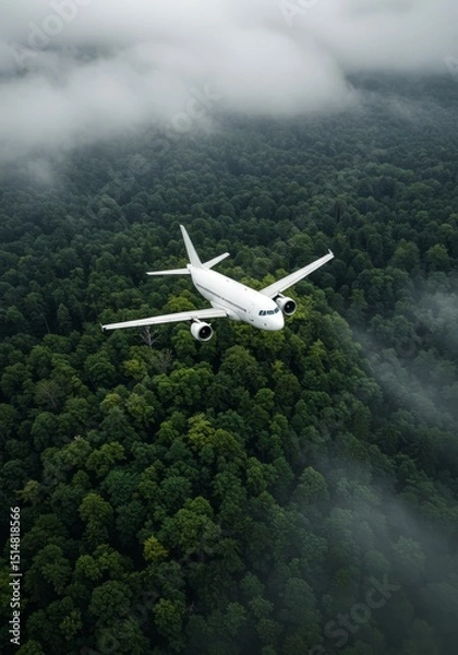Fototapeta Realistic Image Airplane Flies Above Dense Green Forest Clouds
