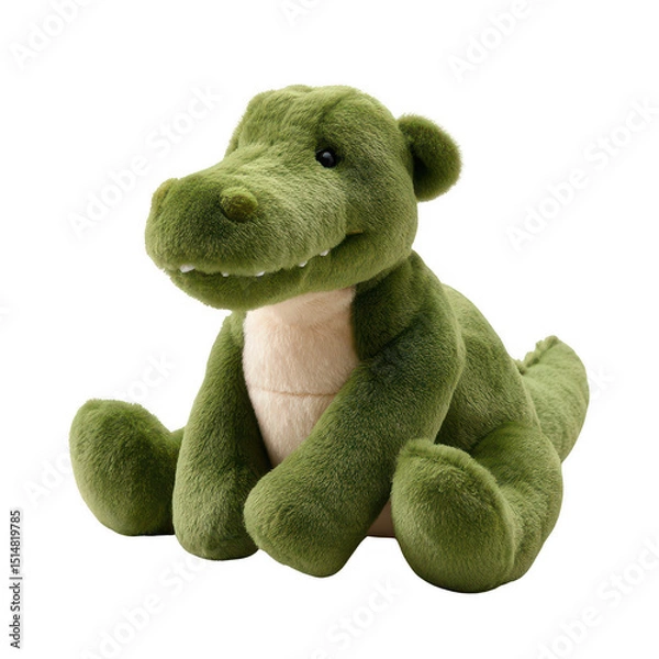 Fototapeta A soft, green plush dinosaur toy sitting comfortably. Perfect for children's playrooms, gift ideas, and cuddly companions. Delightful addition to any nursery or decor.