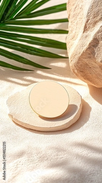 Obraz Beige Round Badge Pin Mockup on Cotton Cloth with Tropical Leaf and Stone