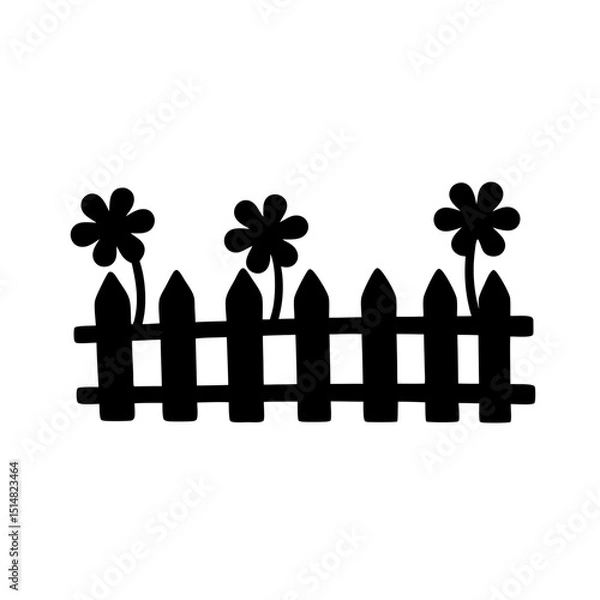 Obraz Black silhouette illustration of a picket fence with some flowers behind it