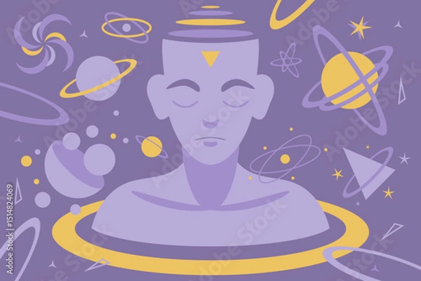Obraz Person with closed eyes surrounded by space objects. Man dreams and thinks about the universe vector illustration in flat style.