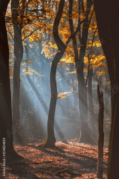 Fototapeta Sun rays pass through morning in the deciduous woods