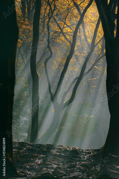 Fototapeta Luminous rays of sunlight in a misty dark forest
