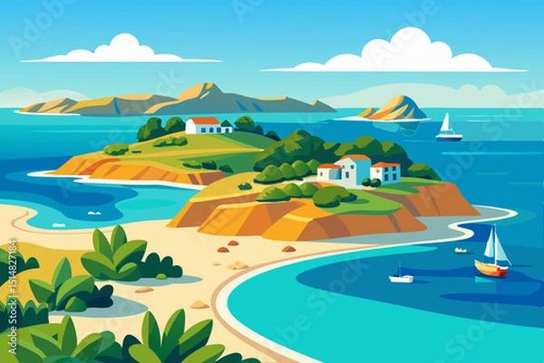 Fototapeta Serene Island Beachscape with Sailing Boats