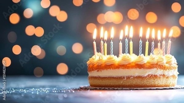 Obraz Birthday Cake with Glowing Candles on Dark Background