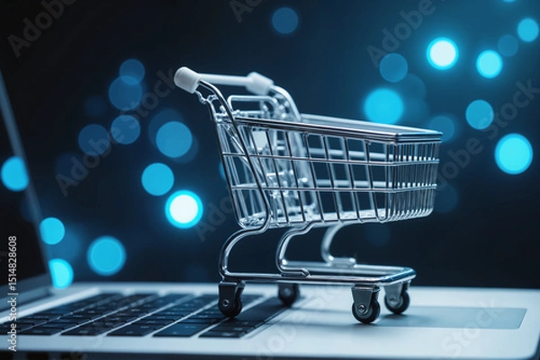 Fototapeta Abandoned Shopping Cart On Laptop - Digital E-Commerce Checkout Visualization With Blue Technology Background for Cart Abandonment Prevention Strategies and Online Retail Optimization