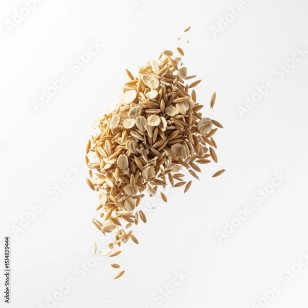 Fototapeta Pile of raw oats floating in mid air on a solid white background