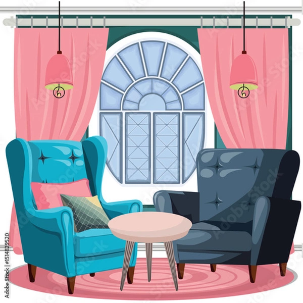 Fototapeta Cozy living room corner with two armchairs in blue and dark gray, a round pink table, large arched window, and pink curtains. Perfect for home interior and relaxation themes.