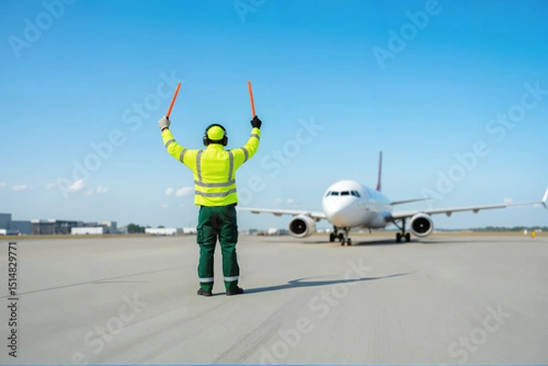 Fototapeta Aviation Marshaller with Signal Wands – Ground Crew Worker Directing Aircraft on Runway for Airline Staff Safety Protocols and Flight Attendant Day Celebrations