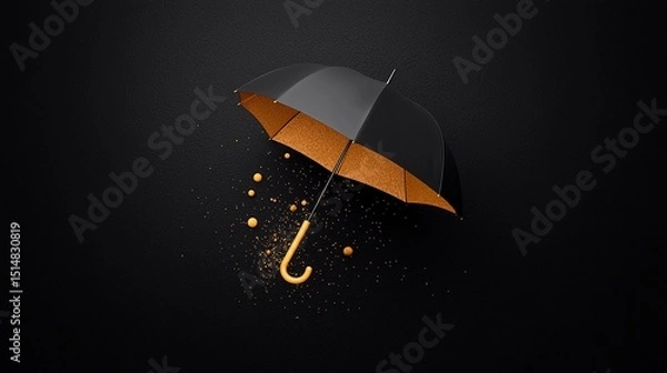 Obraz Black and Gold Umbrella with Golden Rain on Dark Background